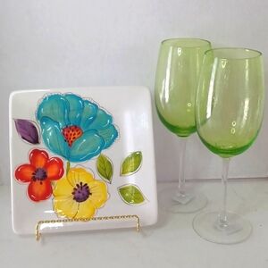 Pier 1 Goblets & Plate Set New With Tags Gift Idea Floral Summer Patio 3 Piece